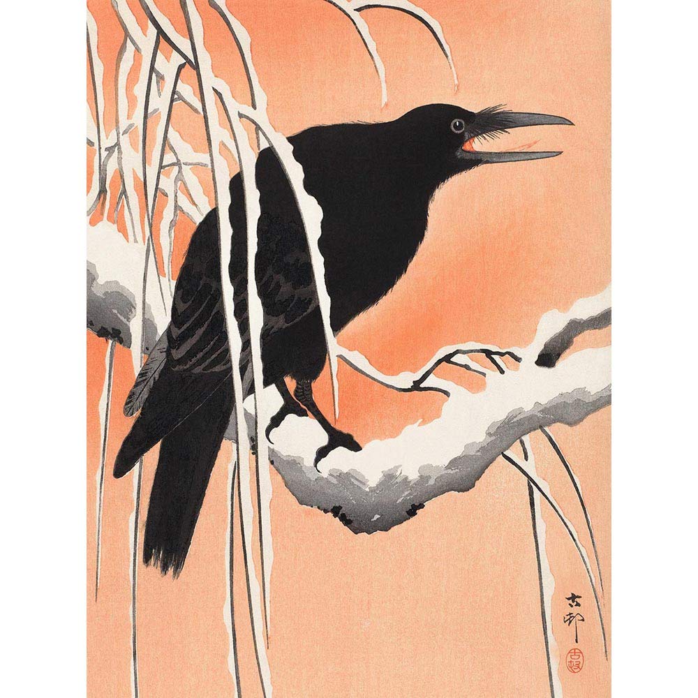 Wee Blue Coo Crow Snowy Branch Ohara Koson Art Print Poster Wall Decor 12X16 Inch