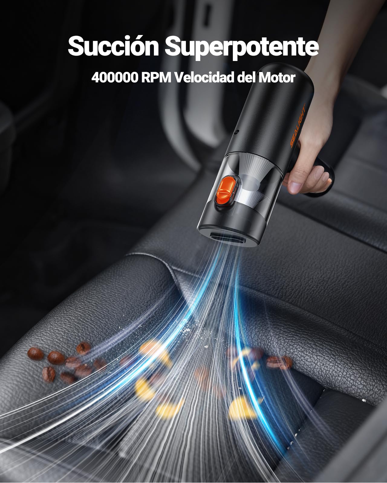 SEALIGHT Aspirador de Mano, 32000PA Aspiradora de Coche, 4 en 1 Aspirador Coche con Motor Sin Escobillas, Aciado Automático de un Toque, Mini Aspiradora Sin Cable para Pelo de Mascotas, Coche, Hogar