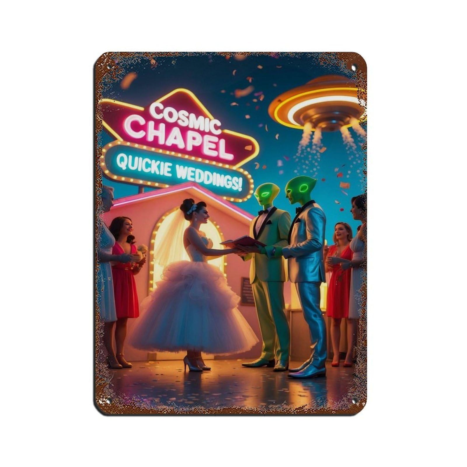 Retro Futuristic Alien Wedding Scene Tin Sign Vintage Metal Pub Club Cafe Bar Home Wall Art Decoration Poster Retro 12x16inch(30x40cm)