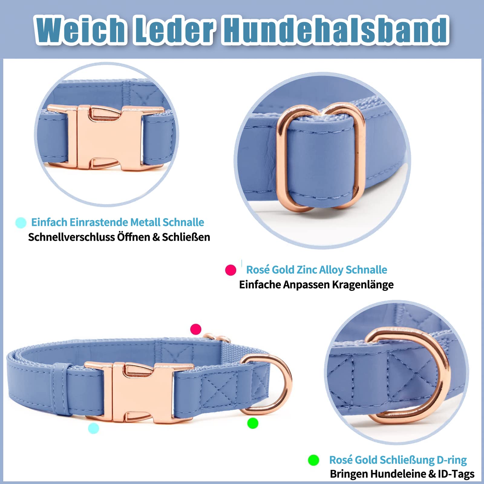 Set Collare E Guinzaglio Per Cani In Pelle Morbida - Regolabile, Fibbia Oro Rosa - Per Taglie Piccole E Medie - Foto 3