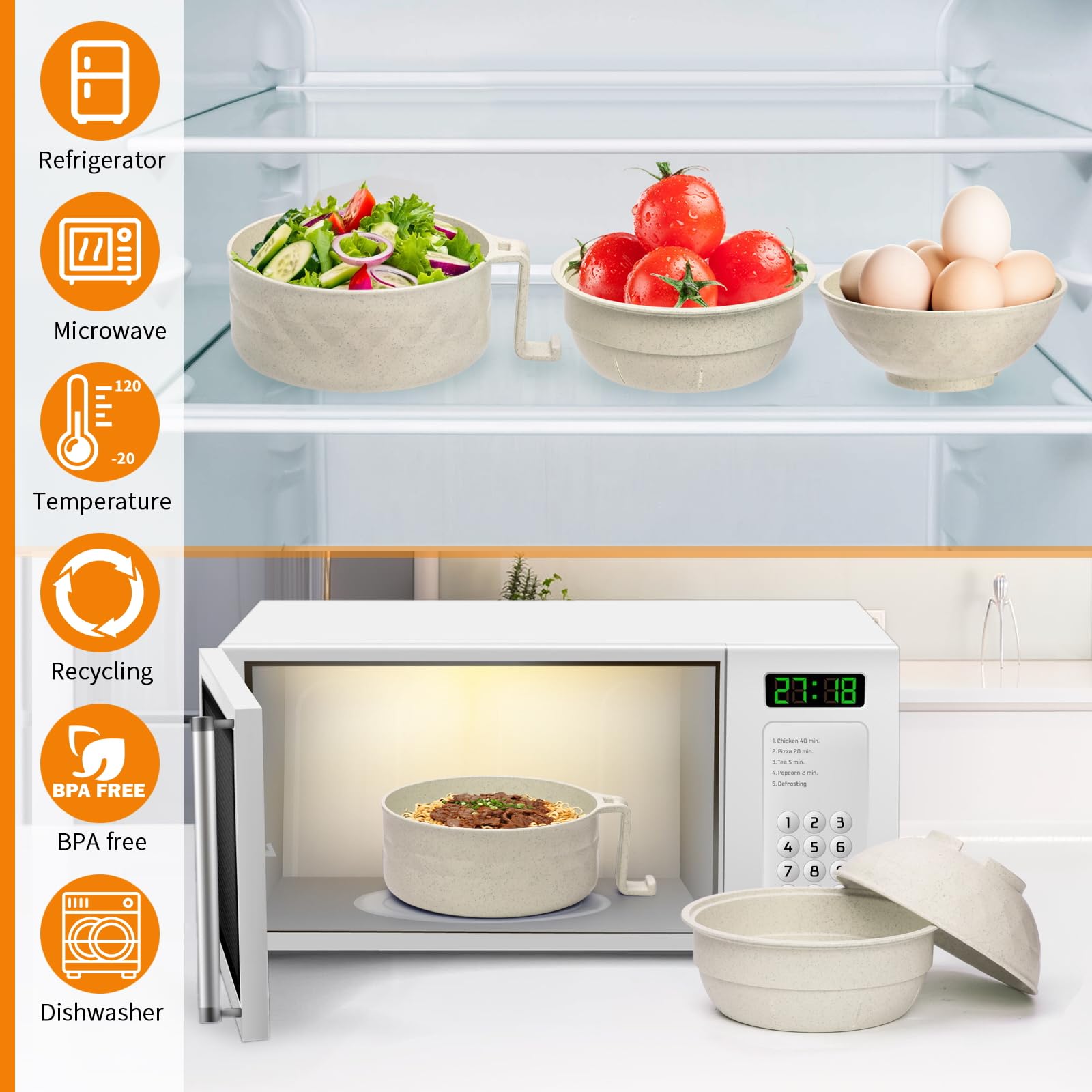 Ramen Bowl Set,Microwave Ramen Cooker Instant Noodles Bowl with Chopsticks Spoon,Rapid Ramen Noodle Bowl, Portable Noodle Bowls,for Home Office Dorm Room College gift(Beige)