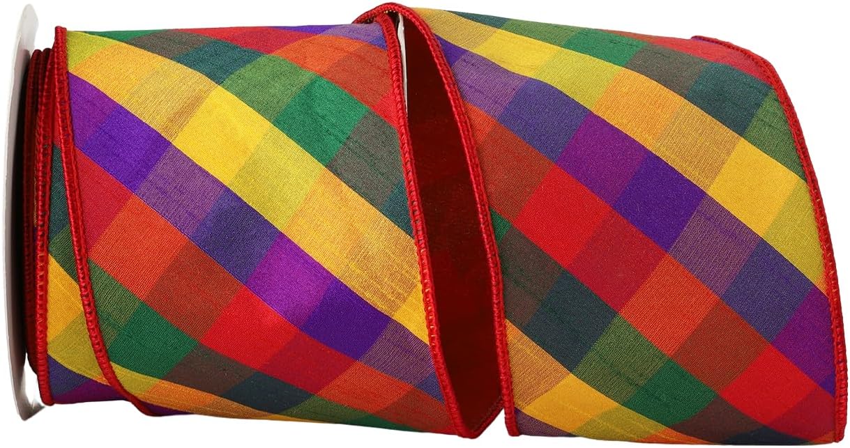 Ribbon Bazaar Wired Dupioni Bias Plaid Ribbon - Pink/Green 2-1/2" 10yd Spool