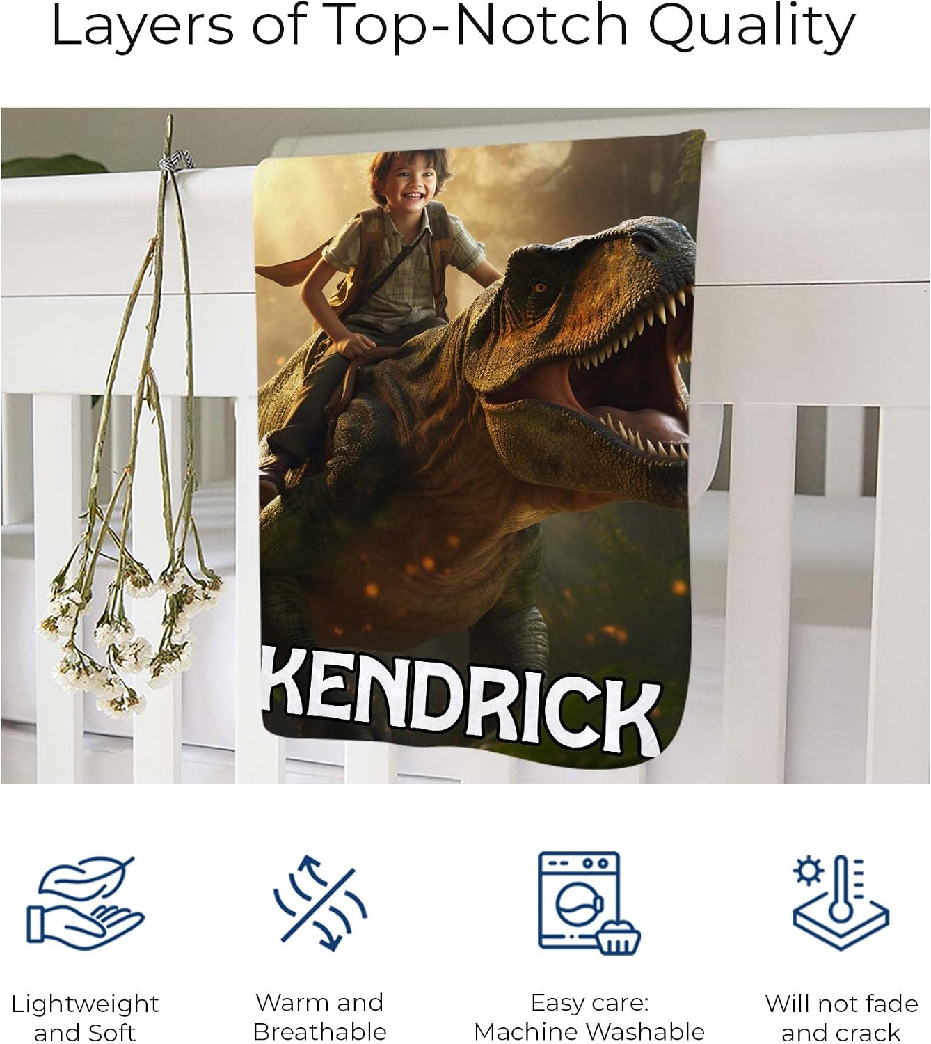 Personalized Dinosaur Blanket for Kids, Custom Photo Face Blanket Gift for Boys and Girls, Toddler Nursery Décor (Dino DK04)