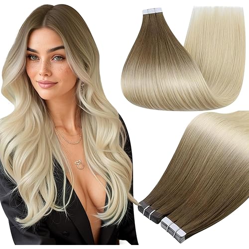 Full Shine Tape in Hair Extensions Human Hair Brown to Platinum Blonde Tape in Extensions Human Hair 20Inch Seamless Blonde Hair Extensions Straight Skin Weft 20pcs 50G Real Remy Hair Extension