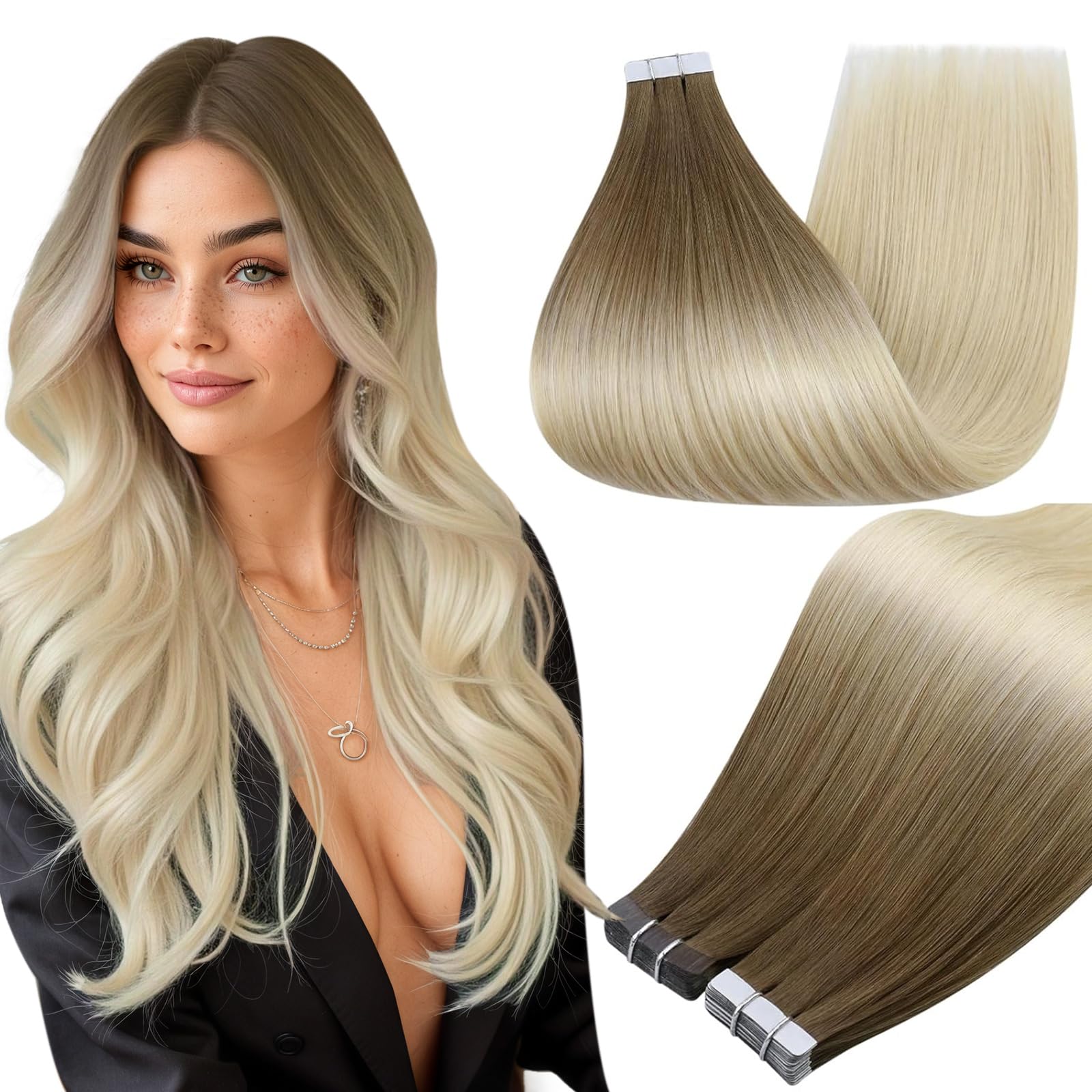 Full Shine Blonde Balayage Tape in Hair Extensions Real Human Hair Seamless Tape in Extensions Brown To Blonde 3/8/613 Double Sided 14Inch Invisible