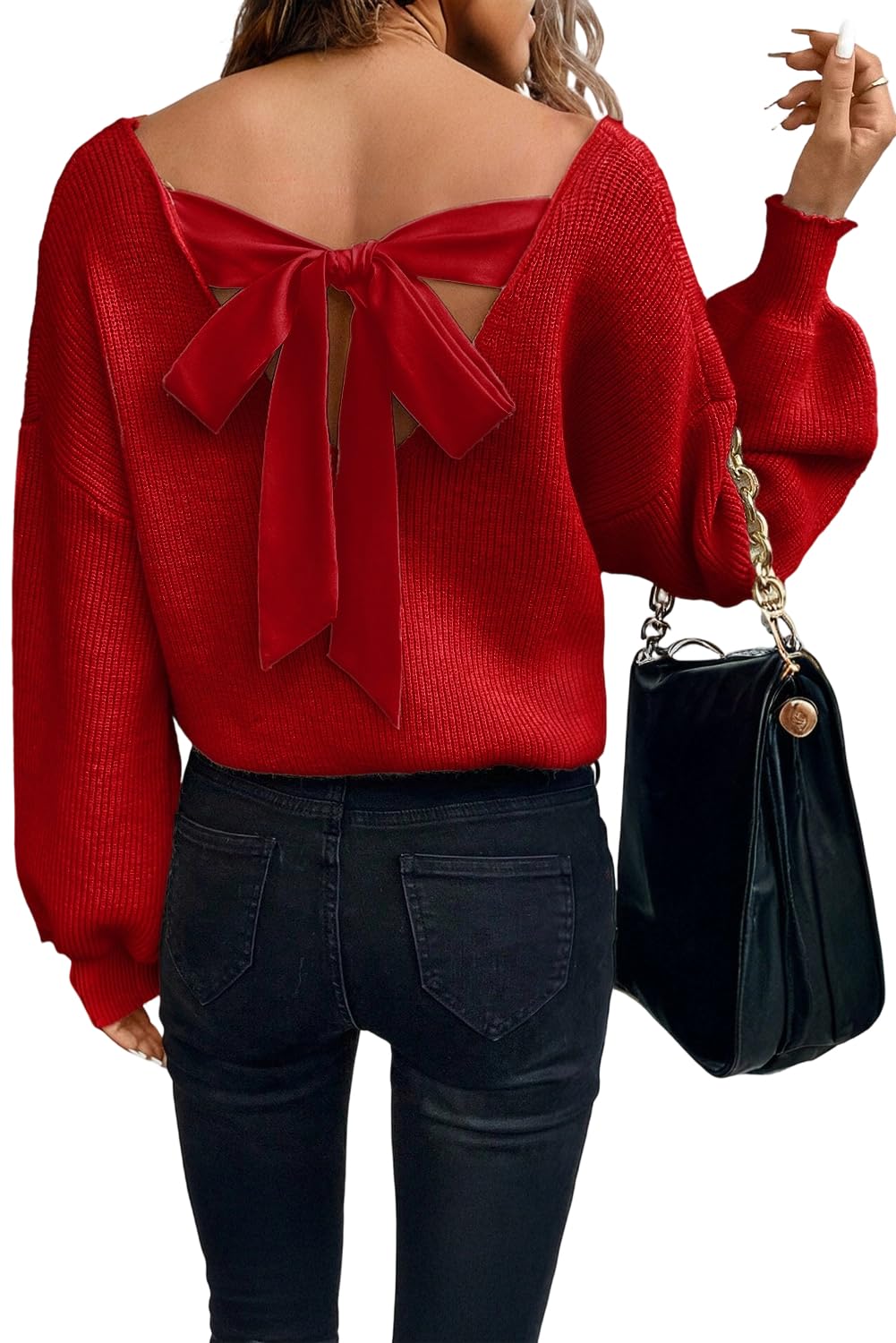 Melliflo Womens Bow Sweater Sexy Bow Tie Backless Ribbed Weater Casual V Neck Long Puff Sleeve Open Back