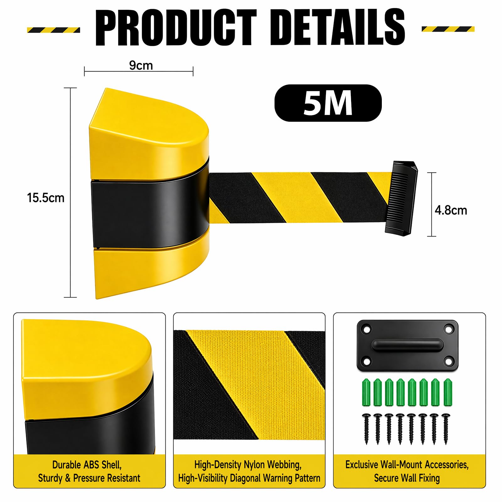 Nastro di sicurezza estensibile da 5 m, per montaggio a parete, con alloggiamento in ABS, nastro di sicurezza giallo-nero per code, guida personale e controllo degli accessi (giallo e nero)