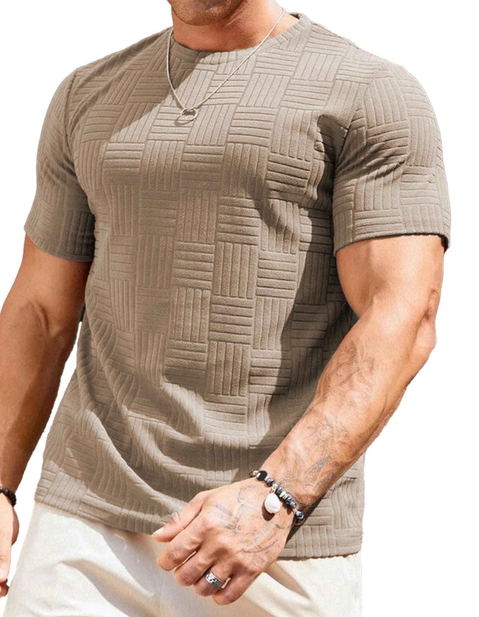 Mens T-Shirt Casual Stretch Solid Crewneck Short Sleeve Tees Textured Shirts