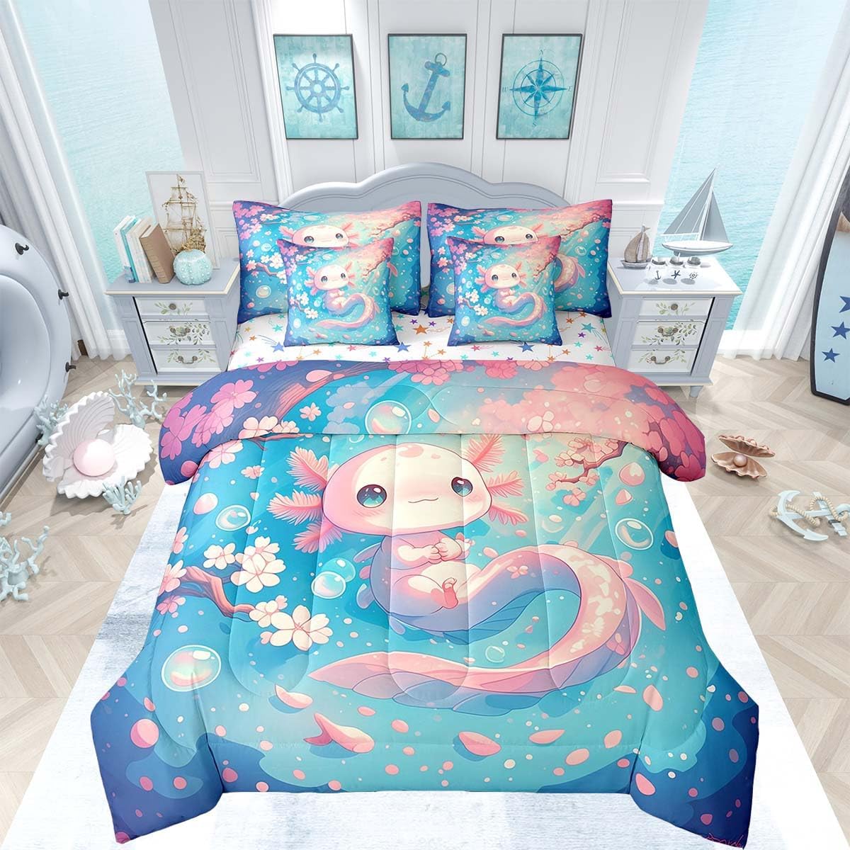 Feelyou Cartoon Axolotl Comforter Set 7 Piece Bed in a Bag Twin,Cherry Flowers Print Bedding Sets Cute Kawaii Salamander Sheet Set with Comforter