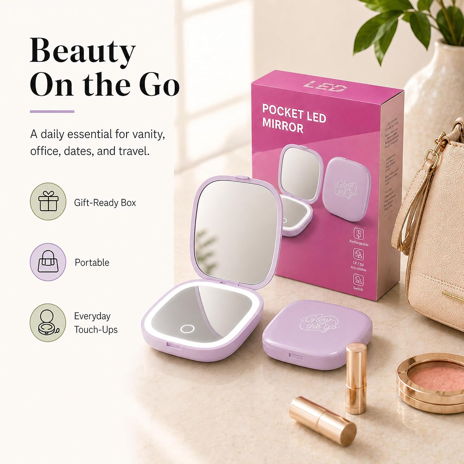 Lighted Compact Mirror, 1X/3X Magnifying Mini Pocket Mirror (Purple)