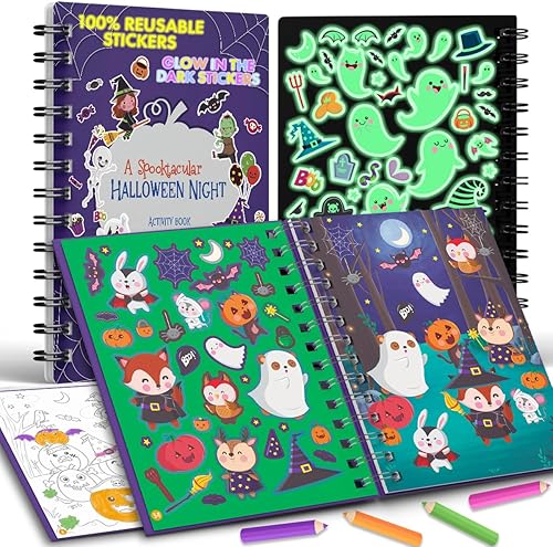 Libro de actividades con calcomanías de Halloween para niños + libro para colorear 12 escenas. Calcomanías extraíbles y que brillan en la oscuridad