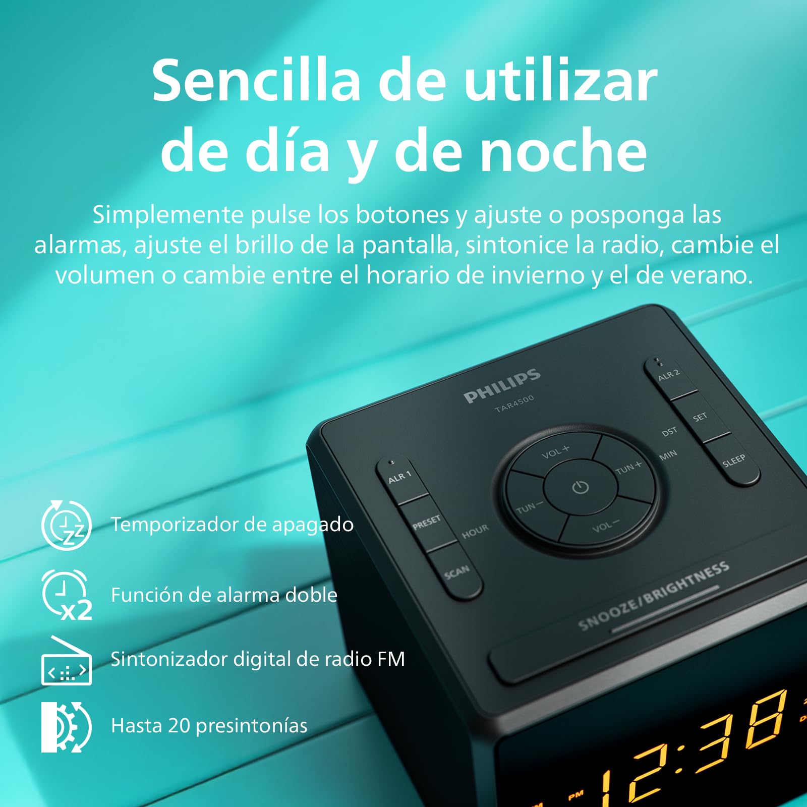 Philips TAR4500 Radio Reloj FM con Alarma Doble y Puerto de Carga USB-C