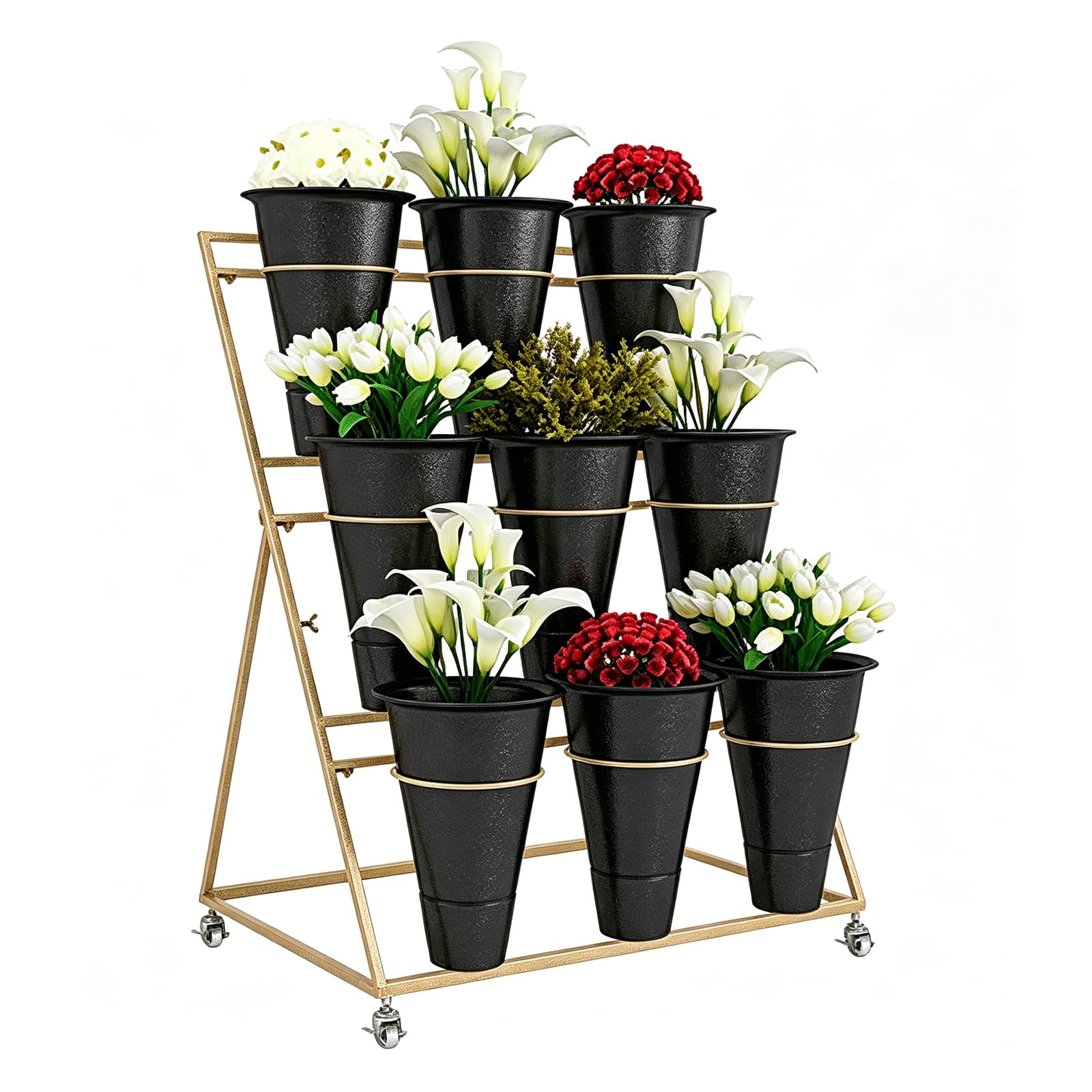 3 Tier Wrought Iron Plant Cart Wheels, Mobile Flower Display With 9 Pots