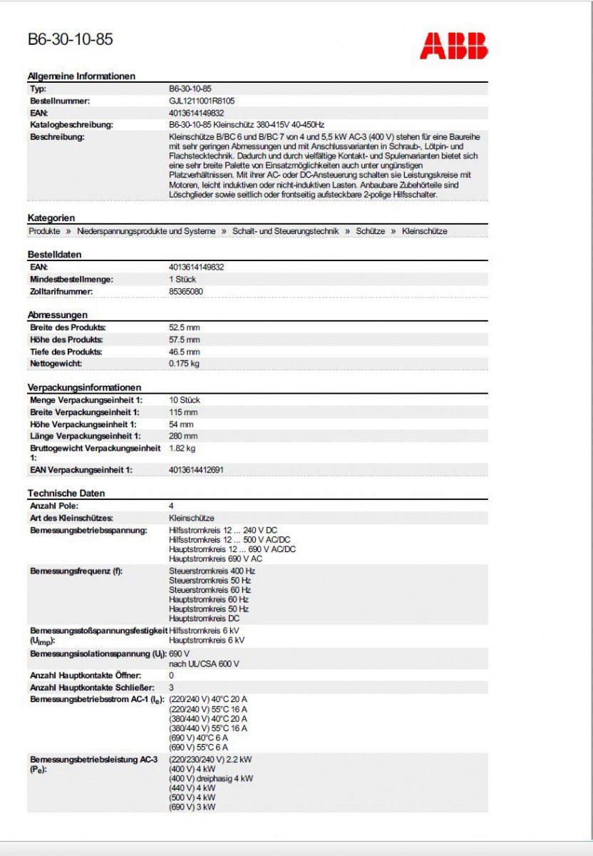 abb-entrelec B6 – minicontactor -3010 380/415 V.40/450hz Vis