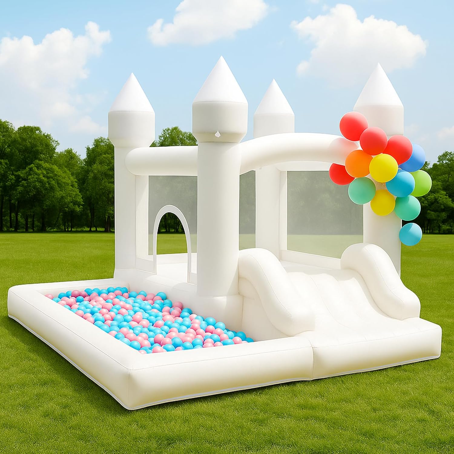 White Bounce House with Blower Included, 9x9x7FT Inflatable Bounce House Castle with Ball Pit and Slide,Small Jumper Bouncy Castle, Fun for Kids Birthday Party
