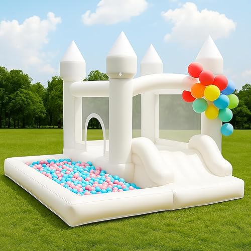 Casa de rebote blanca con soplador, castillo inflable de 9 x 9 x 7 pies con tobogán y hoyo de bolas, decoración de fiesta de boda y casa de salto