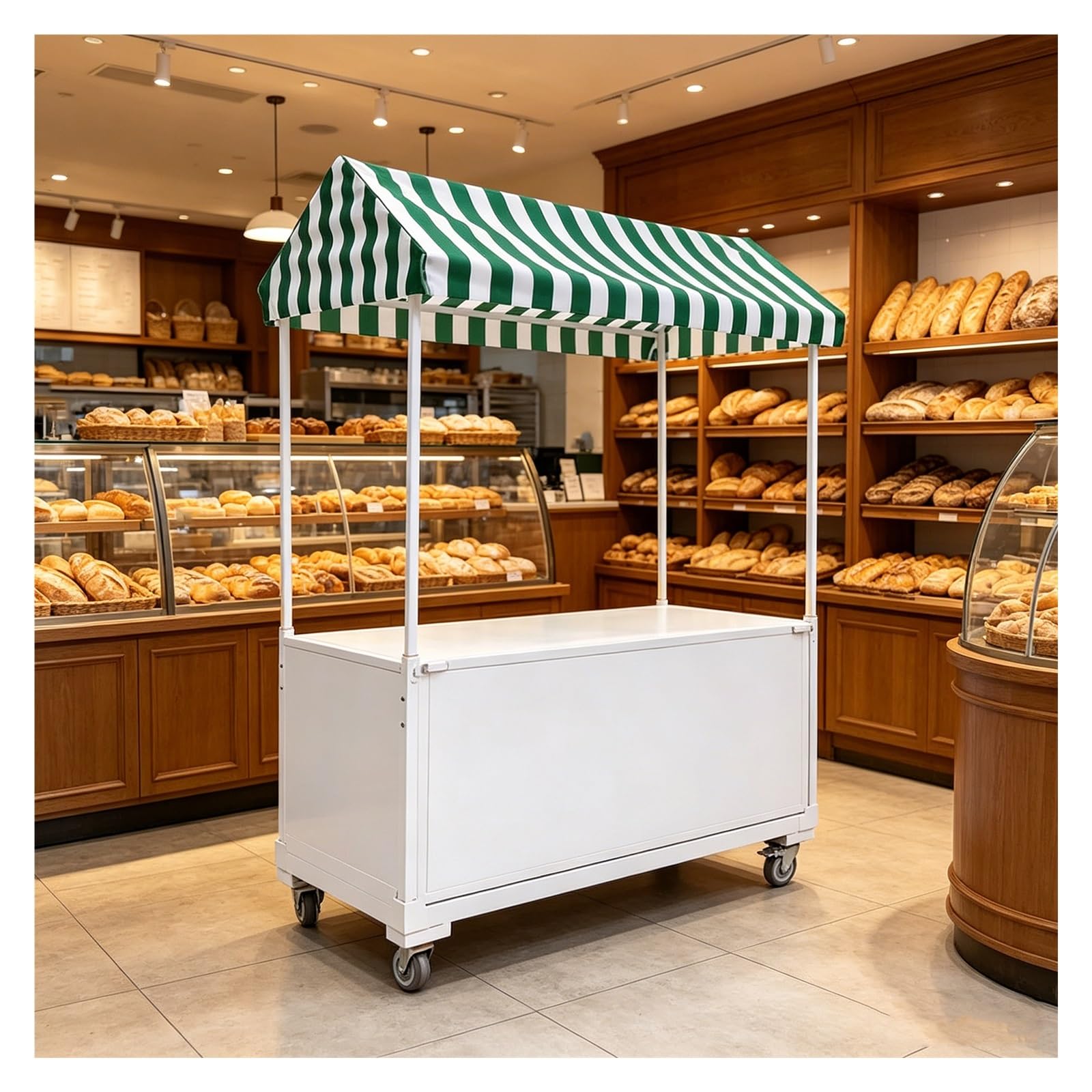 bacedifo Metal Market Stall Display Rack, Lockable Swivel Casters, Foldable Outdoor Markets Cart, Striped Canopy, Semi-enclosed Storage Cabinet, Product Display Stalls