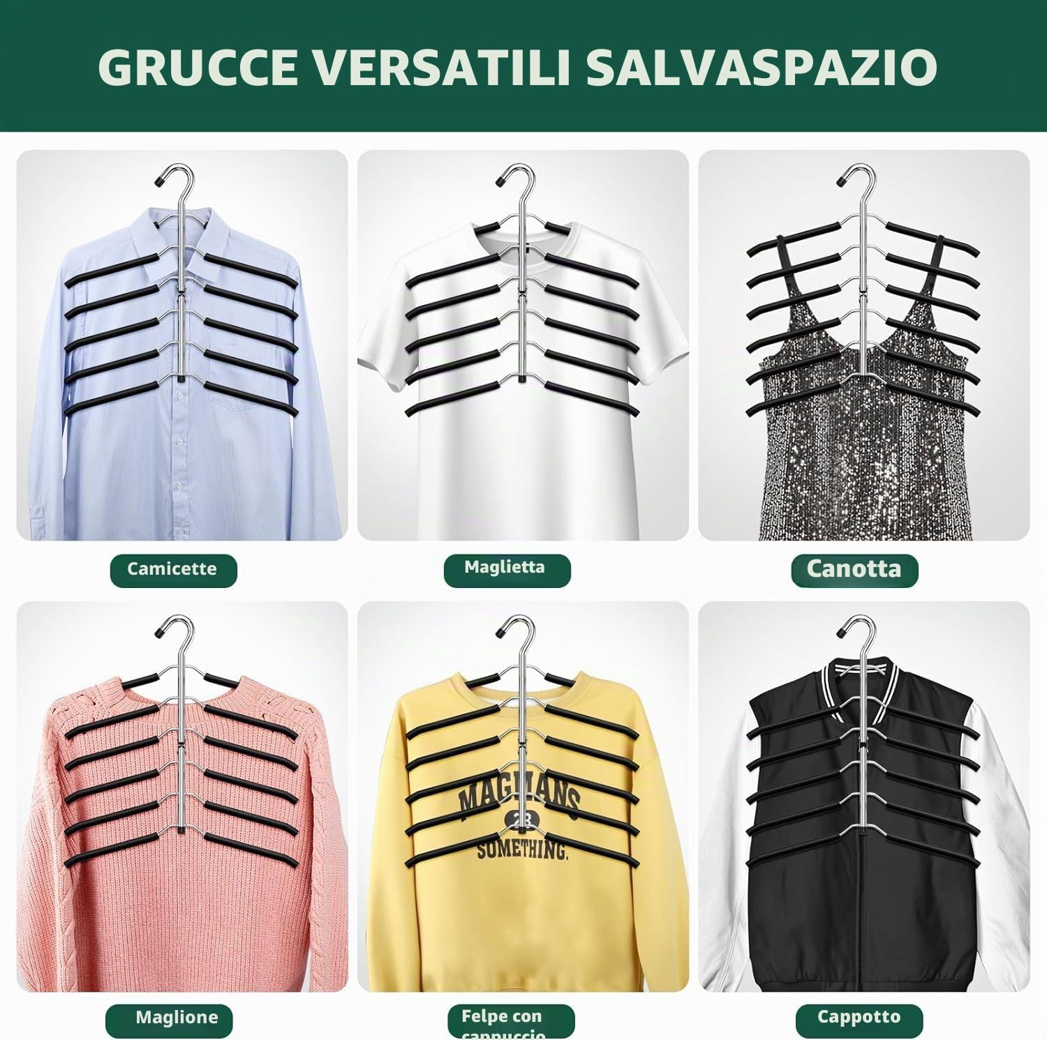 ZriEy Gruccia salvaspazio a 6 livelli, pieghevole, antiscivolo, con imbottitura in gommapiuma, gancio in metallo, organizer e conservazione, confezione da 2