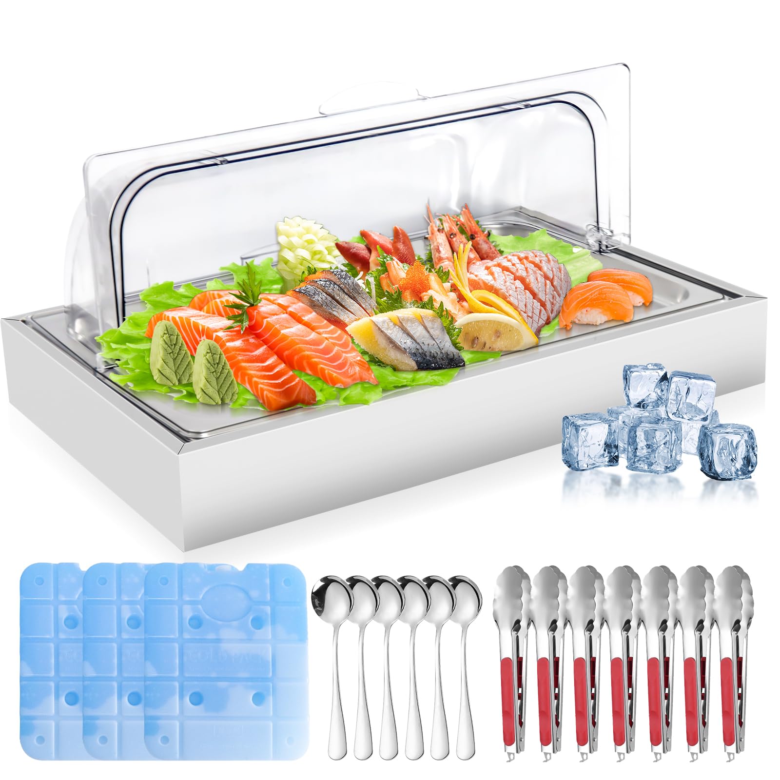 Ice Food Serving Display Tray, Portable Salad Bar Buffet Station for Home, Cold Food Buffet Server with Clear Roll Top Cover, Chilled Serving Trays