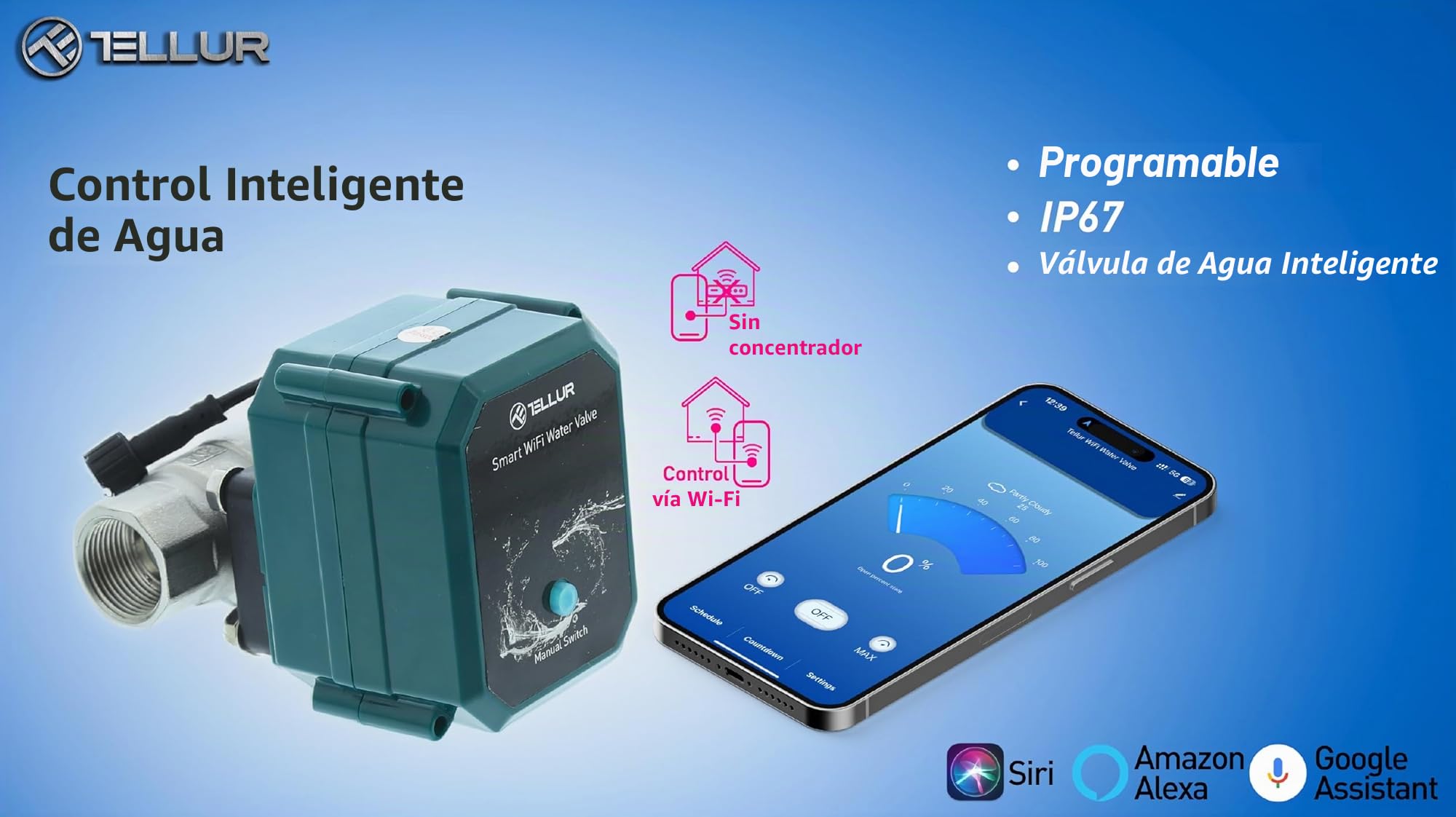 TELLUR Smart Electroválvula de Agua WiFi, Válvula de seguridad, App de Movil, Control de Voz con Alexa y Google, para Baño, Cocina, Jardín, Empresa, No Hub, Rosca DN20 (3/4"), 10bar