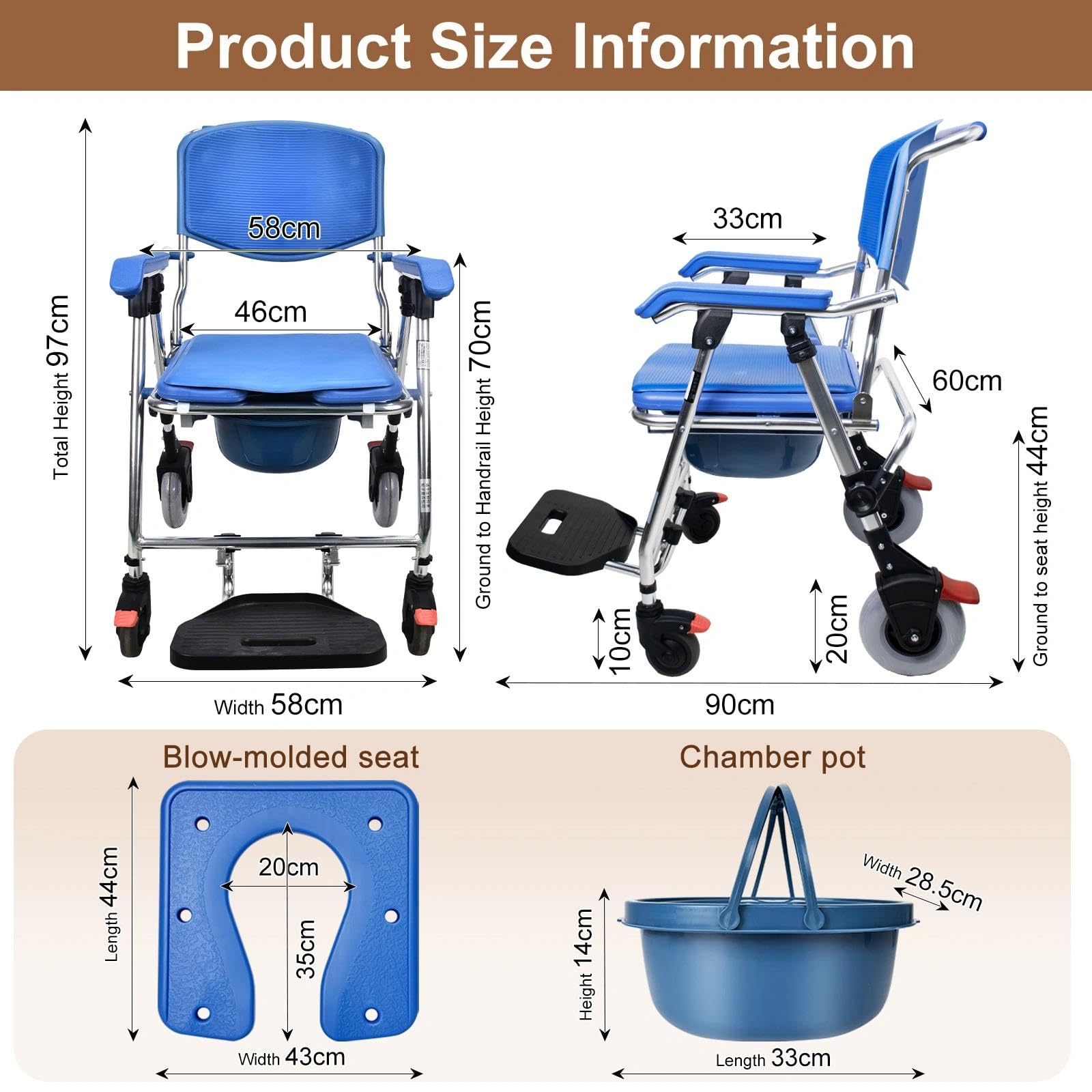 Sedia per Doccia Anziani con Ruote, 4 in 1 Sedia Comoda WC Pieghevole | Sedia a Rotelle per Doccia con Braccioli e Schienale per Geriatrica, Disabili, Capacità di Carico 150kg