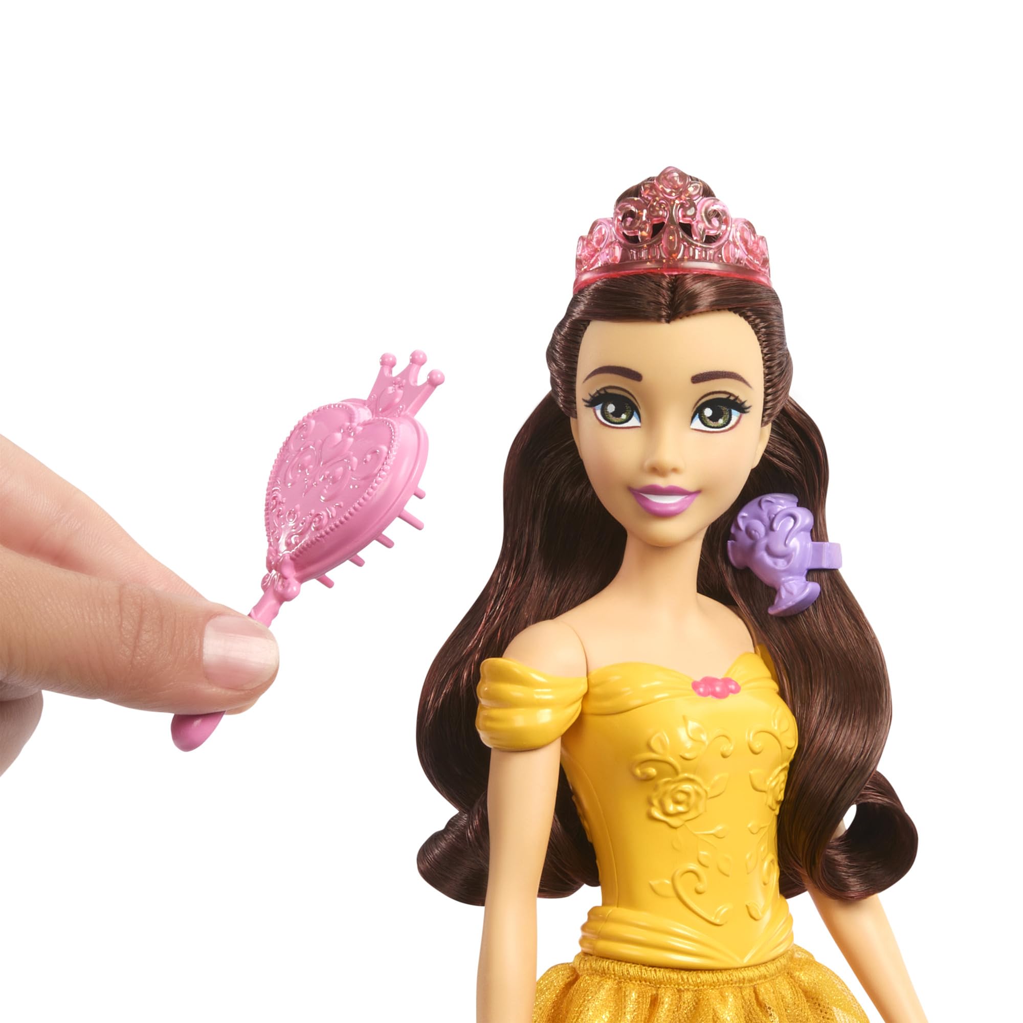 Mattel Disney Princess Toys, Belle Modepuppe & Philippe Pferd mit Sattel, bürstbare Mähne & Schwanz & 4 Styling-Accessoires, inspiriert vom Film