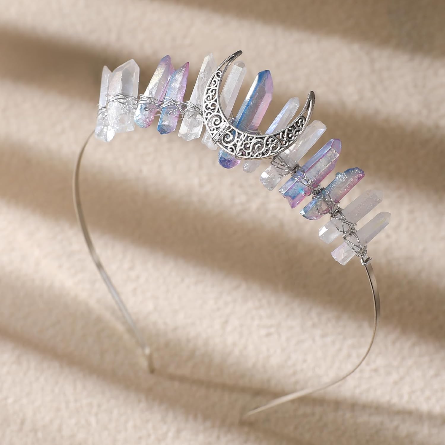 White Purple Crystal Witch Crown - Fantasy Quartz Moon Princess Headband, Gothic Fairy Queen Tiaras for Wedding Prom Quinceañera Pageant Halloween Renaissance Headwear for Women - Image 4