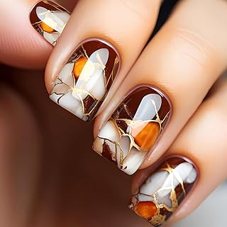Press on Nails Medium Square False Nails with Gold Lines Brown White Orange Marble Designs Glue on Nails Brown and White Full Cover Artficial Nails Autumn Stick on Nails for Women 24Pcs