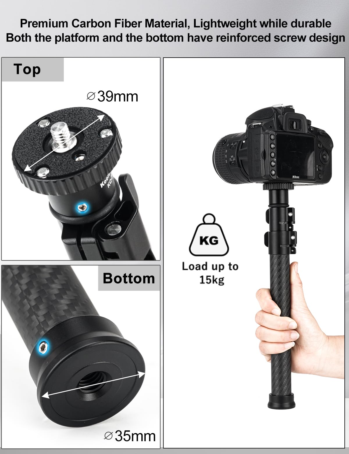 Koolehaoda Stativ Verlängerungsstange aus Kohlefaser, 3-Teilige Mittelsäule Verlängerung-Teleskopstange mit 1/4"- bis 3/8"-Schraube kompatibel mit Kameras/Stativen/Kugelköpfen/Gimbals