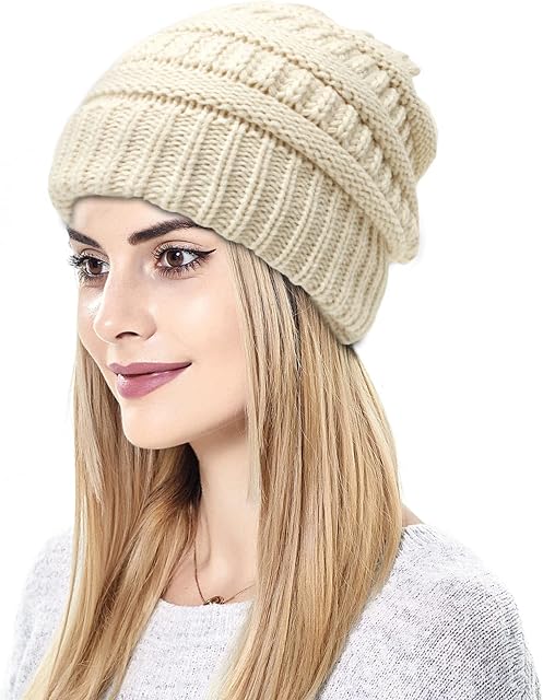 ZKTYQUIHE Womens Satin Lined Winter Beanie Hat with Faux Fur Pom Cuffed Warm Knit Skull Cap, Cable Knit Beanie Silk Lining Thick Chunky Cap Soft Slouchy Warm Hat