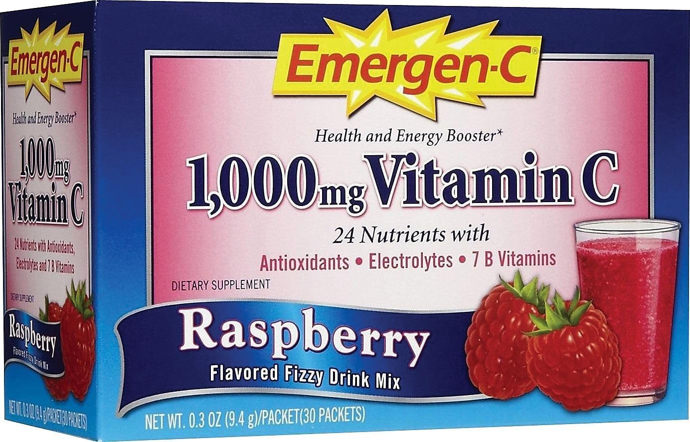 Emergen-C 1000mg Vitamin C Immune Support Powder Raspberry 30CT includes Zinc, Manganese, 7 B Vitamins and Electrolytes for Back to School Essentials