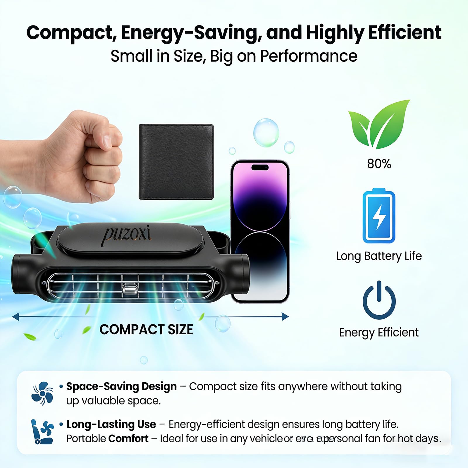 Ventola di raffreddamento per sedile posteriore dell'auto, mini ventola di raffreddamento portatile ricaricabile tramite USB, con 3 velocità del vento regolabili, per tutte le auto, Jeep