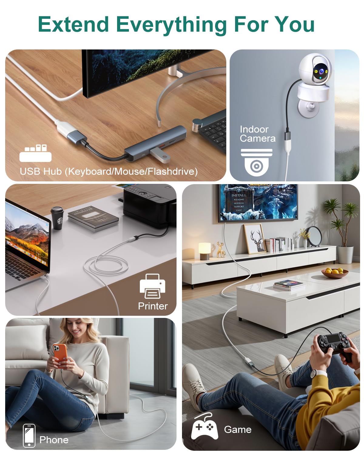 Cable alargador USB de 3 m, extralargo, tipo A macho a hembra, USB 2.0, cable de extensión USB A de carga y transferencia de datos para teclado, ratón, impresora, unidad flash, disco duro