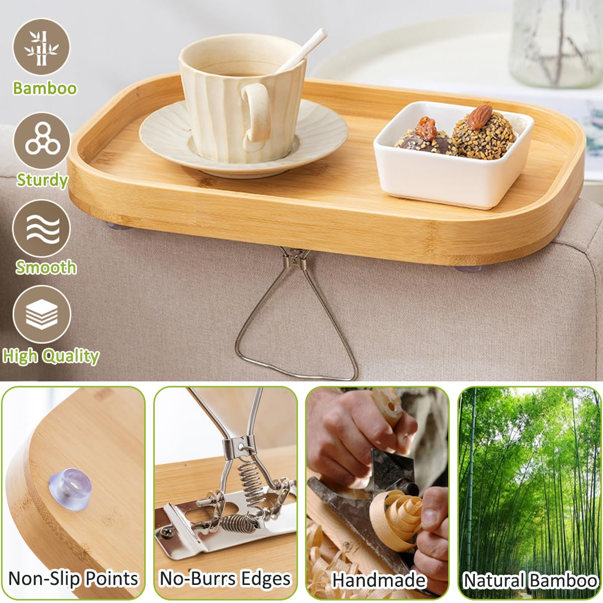 Bandeja de bambú para reposabrazos de sofá con doble bisagra, bandeja de brazo de sofá, mesa auxiliar de madera para espacios pequeños para comer y beber (natural)