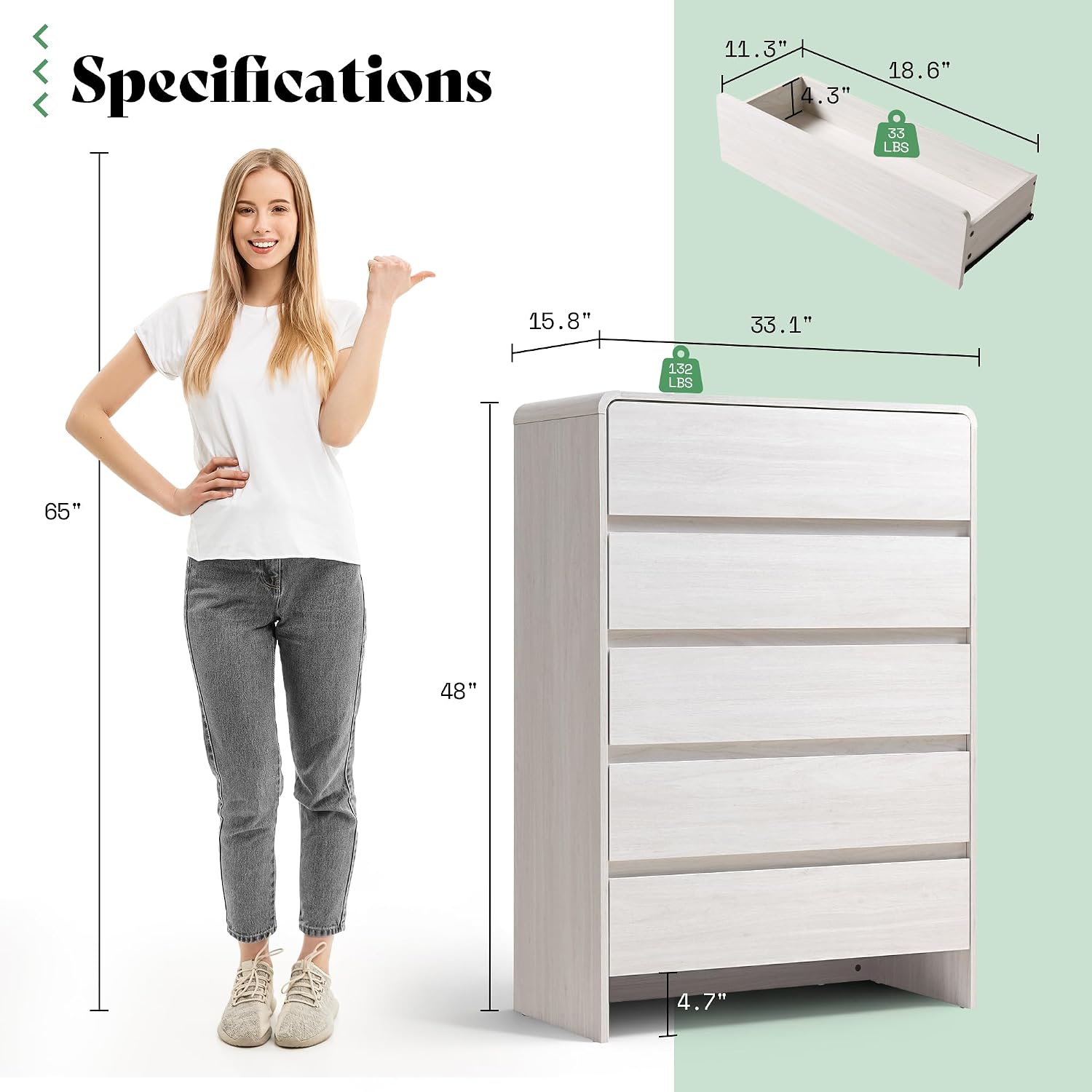AMERLIFE 5 Drawer Dresser for Bedroom, 48" Tall Modern Chest of Storage Drawers with Rounded Corners, Anti-Tip Kit, Wood Cabinet Organizer for Closet, Living Room, Nursery, Easy Assembly, White