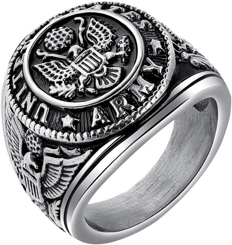 Men's Titanium Steel Military Ring, Vintage Army Eagle Medal Signet, 316L Stainless Steel Jewelry for Veterans and Service Members, Gold or Silver Tone