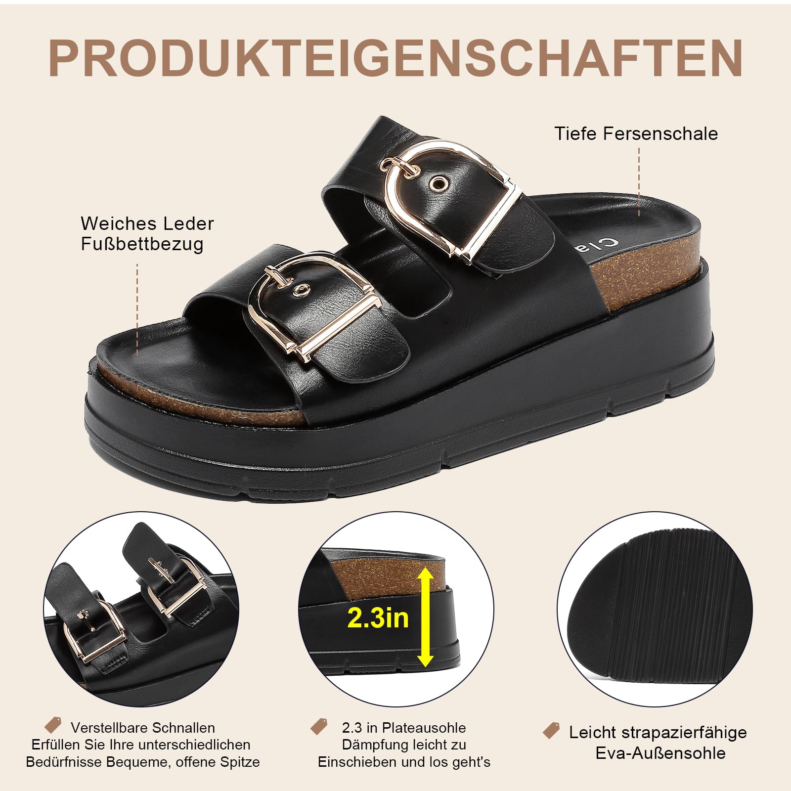 Plattform Sandalen Damen Mit Verstellbare Rieme Schnalle, Dicke Sohlen Pantoletten Mit Kork Fussbett, Plateau Strand Schuhe, Sommer Hausschuhe Leicht, Komfort Schlappen Rutschfest