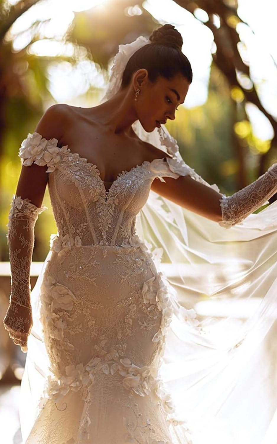 Zeeyecie Off Shoulder Tulle Wedding Dresses Mermaid Lace Applique V-Neck Sparkly Bridal Gowns with Train for Brides - Image 5