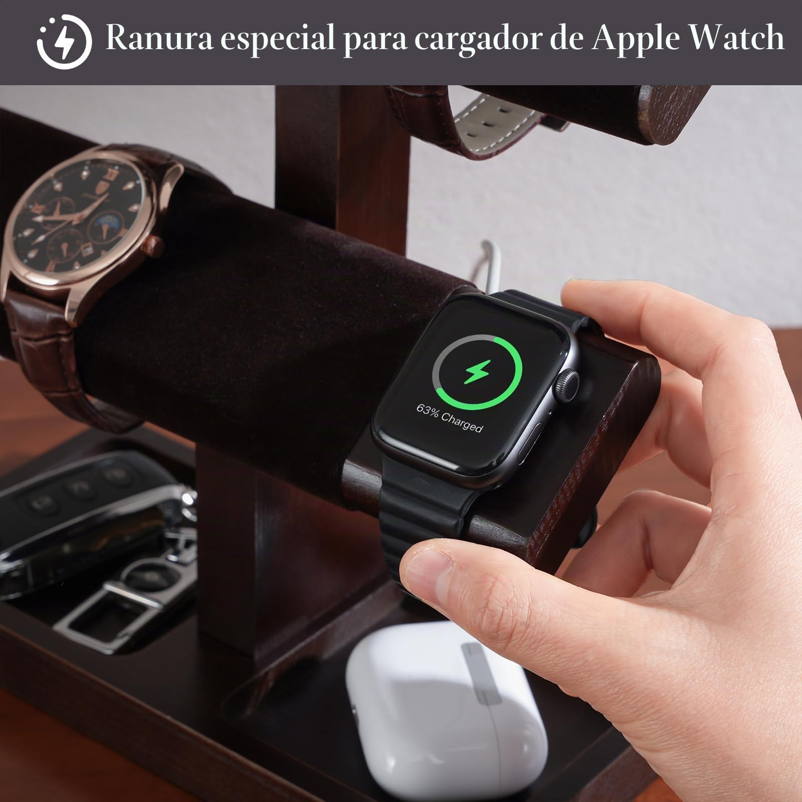ProCase Soporte de Reloj de Madera para Hombre, Torre con Diseño T-Bar, Estante para Relojes y Pulseras, Organizador para Relojes Mecánicos y Electrónicos – 1 Nivel, Marrón Negra