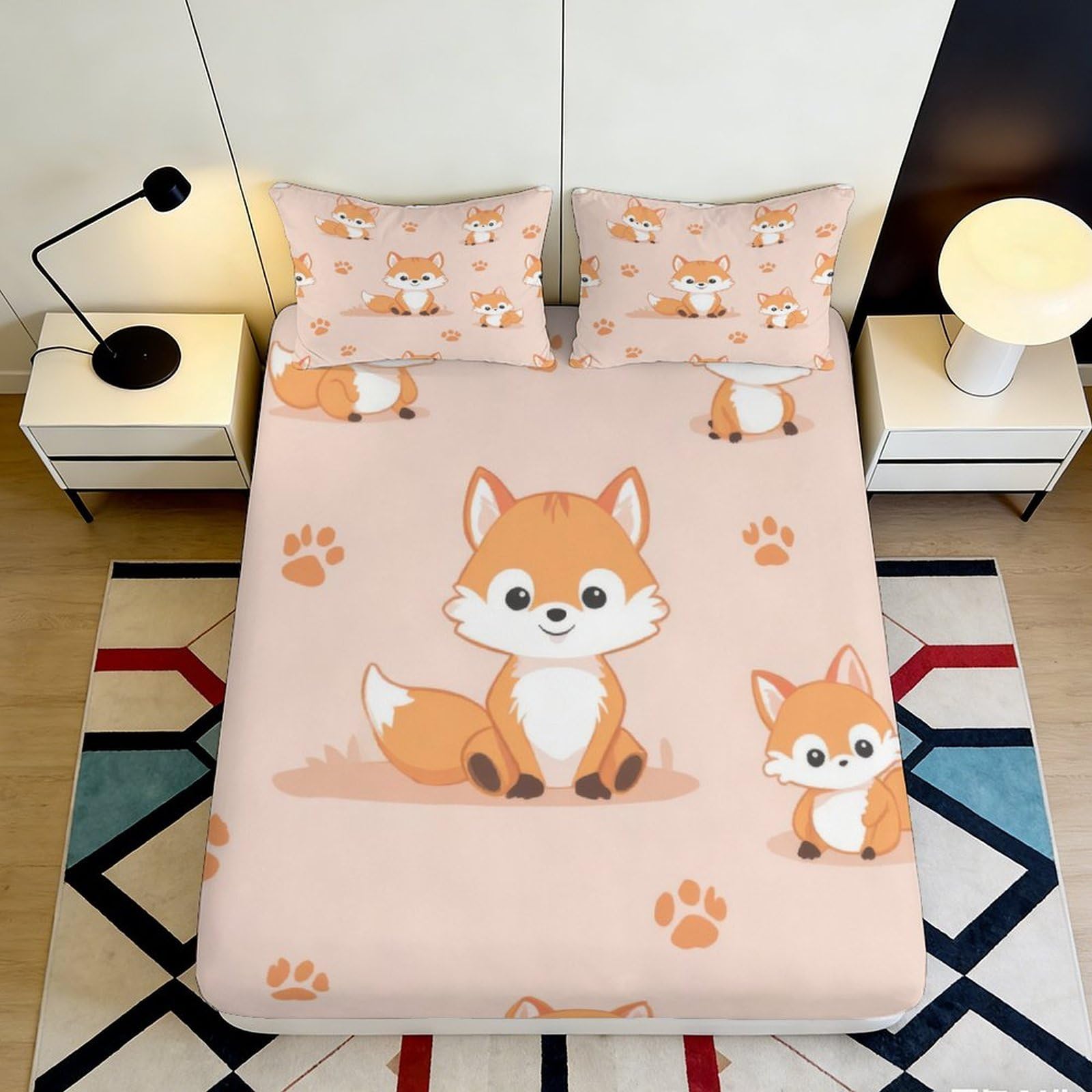 3D Printed Cute Fox Fitted Sheet Microfiber Soft Breathable Paw Pattern Mattress Cover for Bedroom Dorm Mattress Protection Decor 160x200x25cm