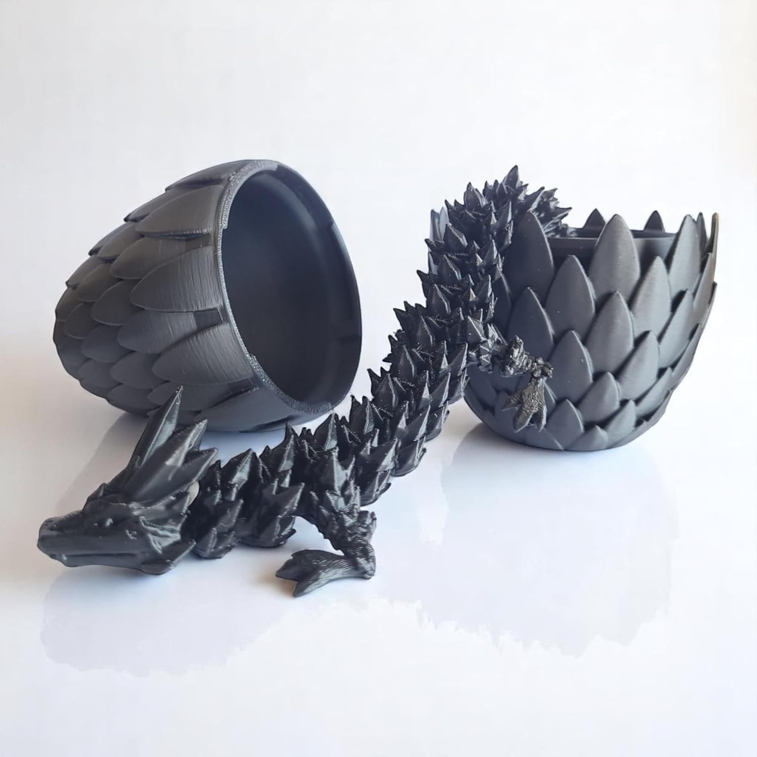 PowerTRC 3D Printed Crystal Dragon with Egg (Black Color) – Flexible 3D Printed Toy Set, Includes 12 Inch Dragon and 6 Inch Egg, Gift Bag Filler, Desk Decoration, Party Favor, Easter Basket Stuffers