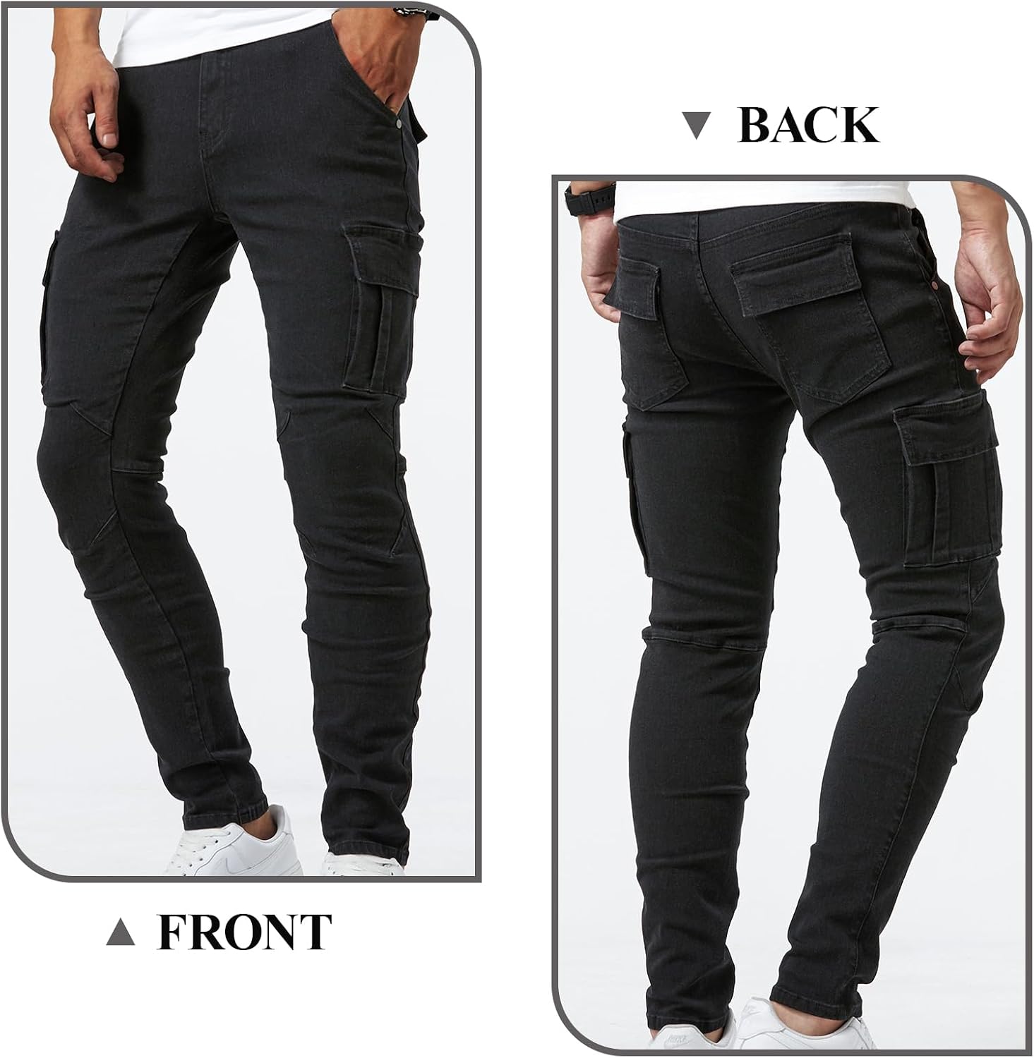 Men's Slim Fit Stretch Cargo Jeans, Multi-Pocket Vintage Denim Pants for Casual Outdoor Streetwear