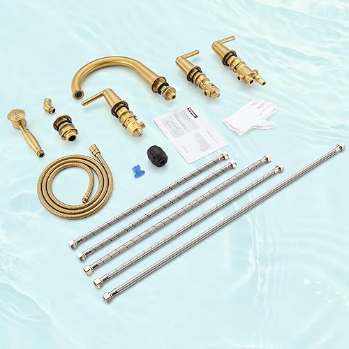 Miniatura 7 de Juego de grifo de bañera romano con ducha de mano y válvula áspera, montaje en cubierta generalizado, grifo de bañera de 5 agujeros con desviador