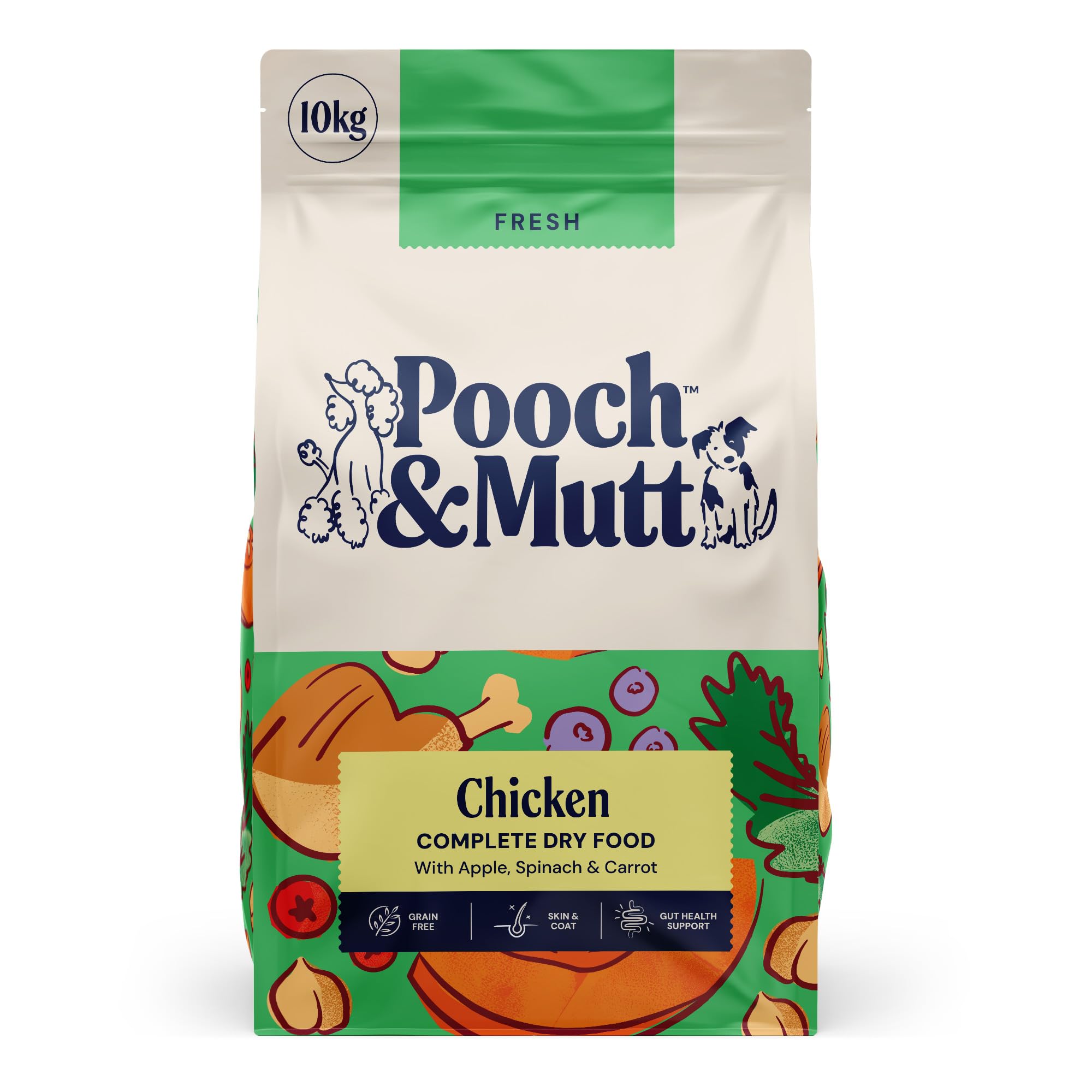 Pooch & Mutt - Fresh Chicken Dog Food, Complete Dry Dog Food, 10kg | Regular Sized Kibble, Grain Free, Aids Healthy Coat, Prebiotics, 50% Fresh Chicken