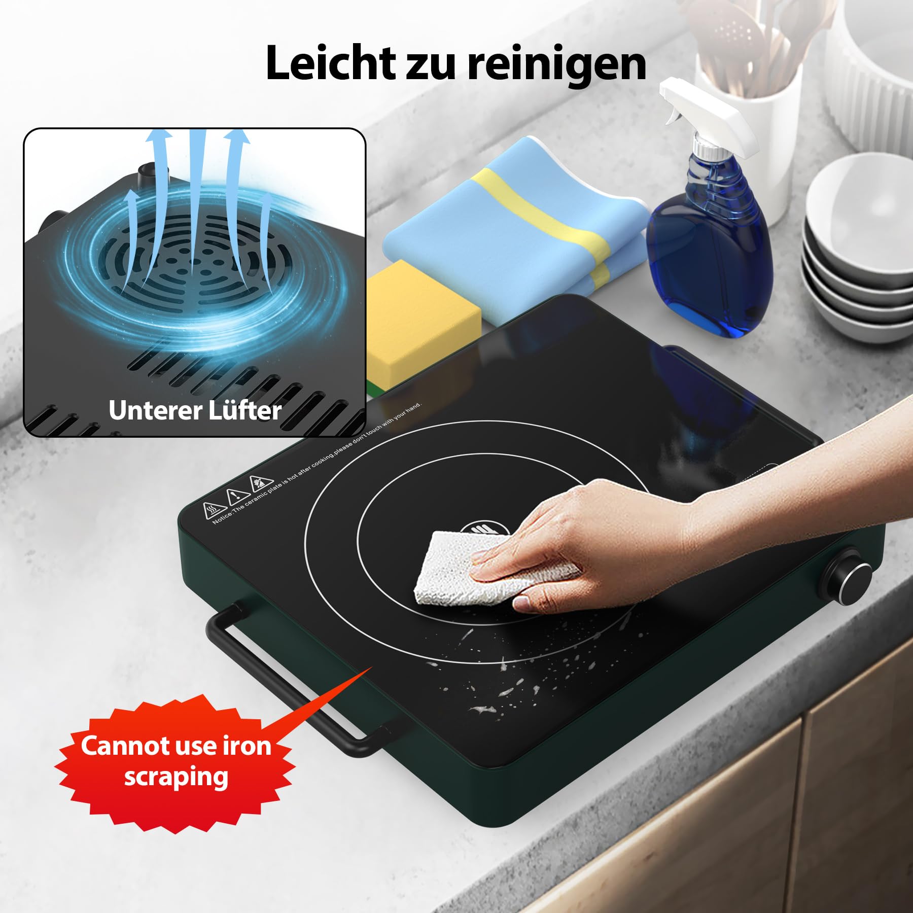VBGK cerankochfeld 1 platte, tragbares 220-V-Touch- und Knopf-Elektrokochfeld, 2000-W-einzelnes Keramikkochfeld, 10 Leistungsstufen, Kindersicherung und 4-Stunden-Timer, tragbares Keramikkochfeld.