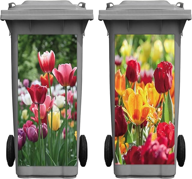 2 Pieces Tulip Wheelie Bin Stickers Self-adhesive Wheelie Dustbin Tulip Covers Decorative Flower Decals for Indoor Outdoor House Wall, 15 x 32.28 Inches