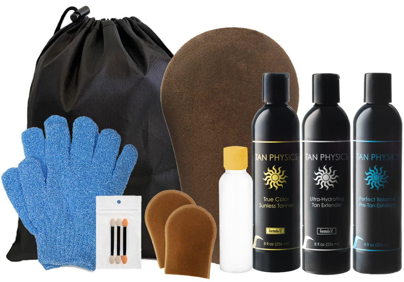 Tan Physics Self Tanner – 13pc Sunless Tanning Kit with True Color Tanner, Pre-Tan Exfoliator & Tan Extender – Includes Face & Body Mitts, Exfoliation