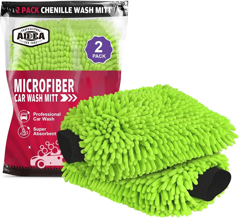 AIDEA Car Wash Mitt Microfiber-2PK, Car Wash Brush, Green, 7.12''X10.14'' | Scratch Free Lint Free, Premium Chenille Microfiber Mitt, Car Cleaning Supplies, Regular Size