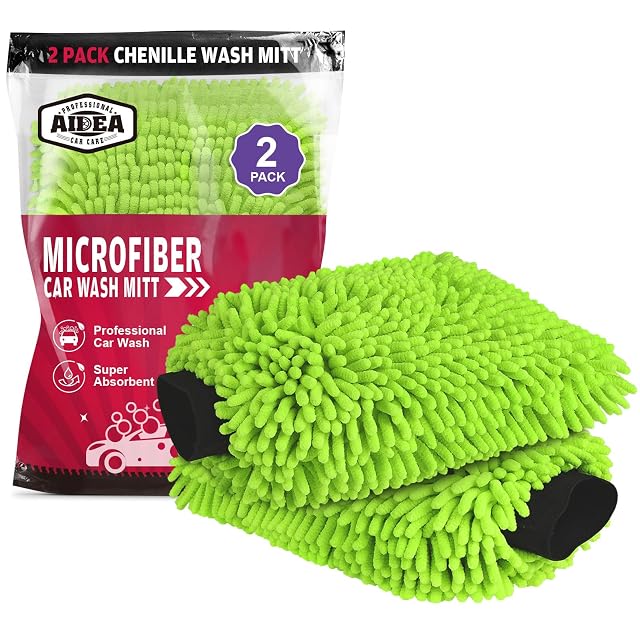 AIDEA Car Wash Mitt Microfiber 2PK Scratch Free Lint-Free Premium Chenille Microfiber Mitt Car Wash Brush Green Regular