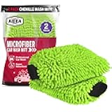 AIDEA Car Wash Mitt Microfiber, 2PK Scratch Free Lint-Free, Premium Chenille Microfiber Mitt Car Wash Brush, Green, Regular Size 7.12''X10.14''
